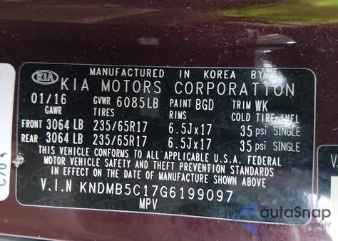 2016 Kia Sedona Lx from USA, damaged, VIN KNDMB5C17G6199097